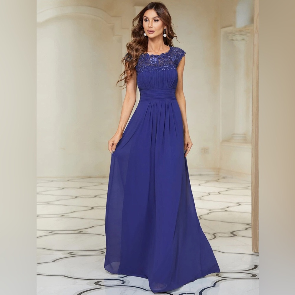 Ever Pretty Sapphire Blue Size 4 Women Maxi Long Lace Cap Sleeve Prom Dress